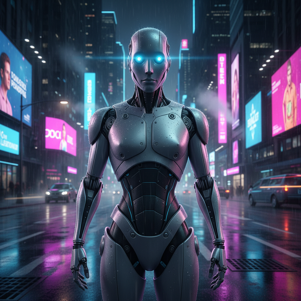 Humanoid robot silhouette against dark blue neon-lit background, deep shadows, moody cinematic lighting