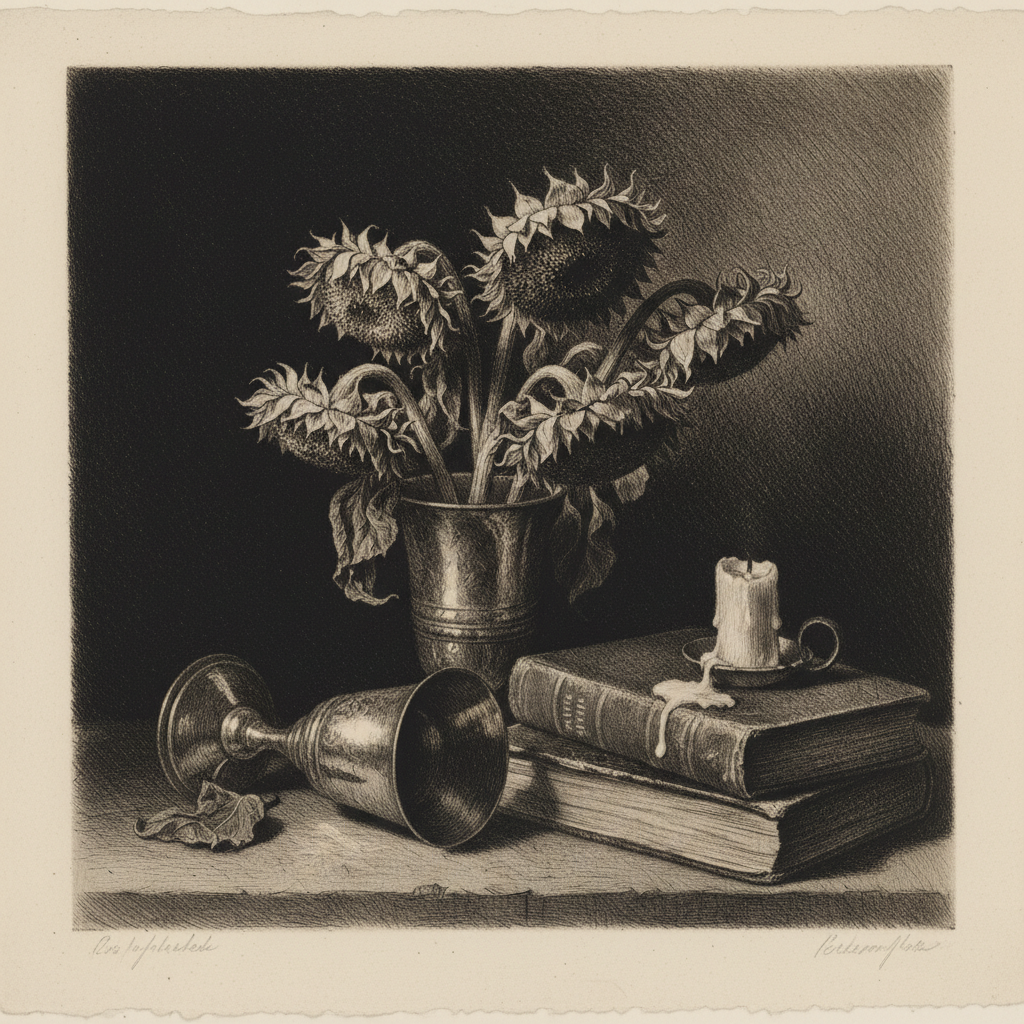 Aquatint with soft-ground texture, still life with dramatic tonal range