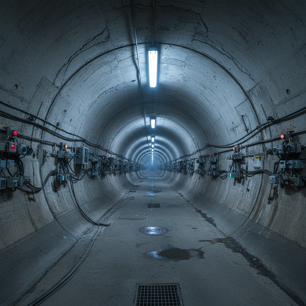 Gas detection sensors installed in underground mine tunnel monitoring methane, carbon monoxide, and oxygen levels