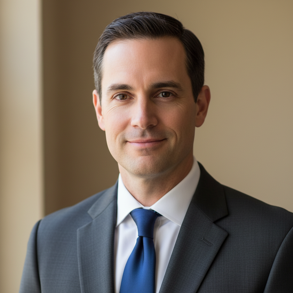 Facilities director professional headshot, man in suit