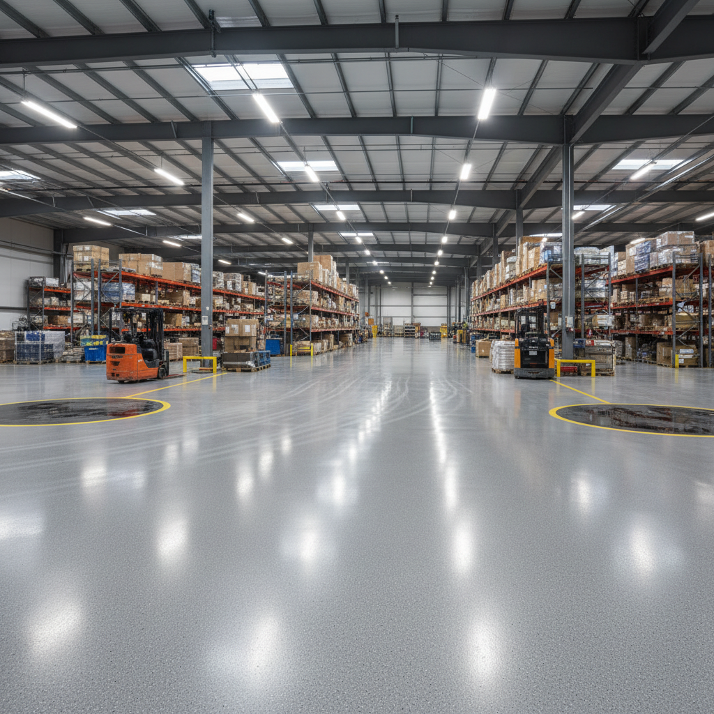 Large industrial warehouse with smooth heavy-duty grey epoxy floor, forklift visible on durable surface, fluorescent lighting overhead
