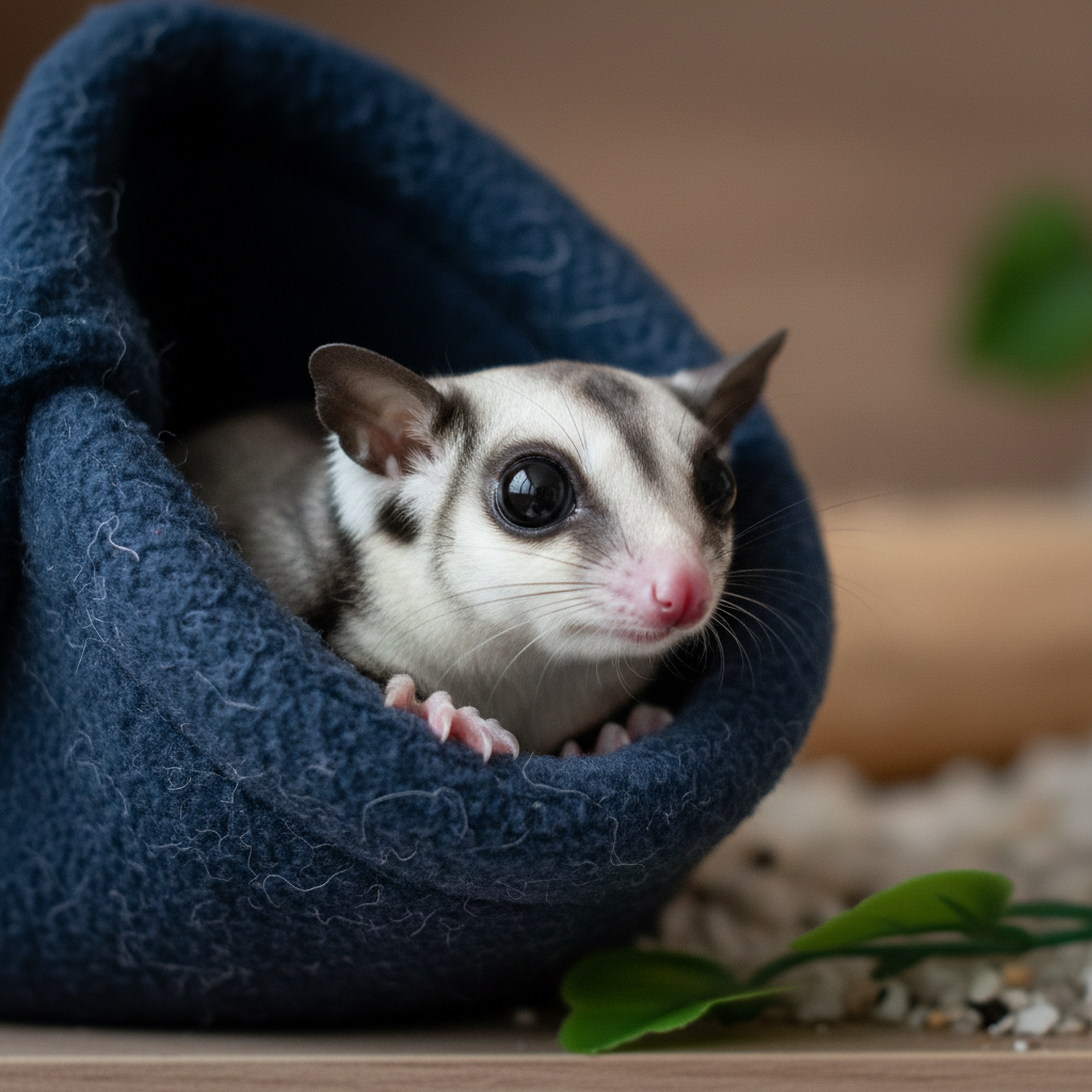 Small sugar glider inside a fleece bonding pouch, peeking out with large dark eyes at a new home environment, looking cautious but curious