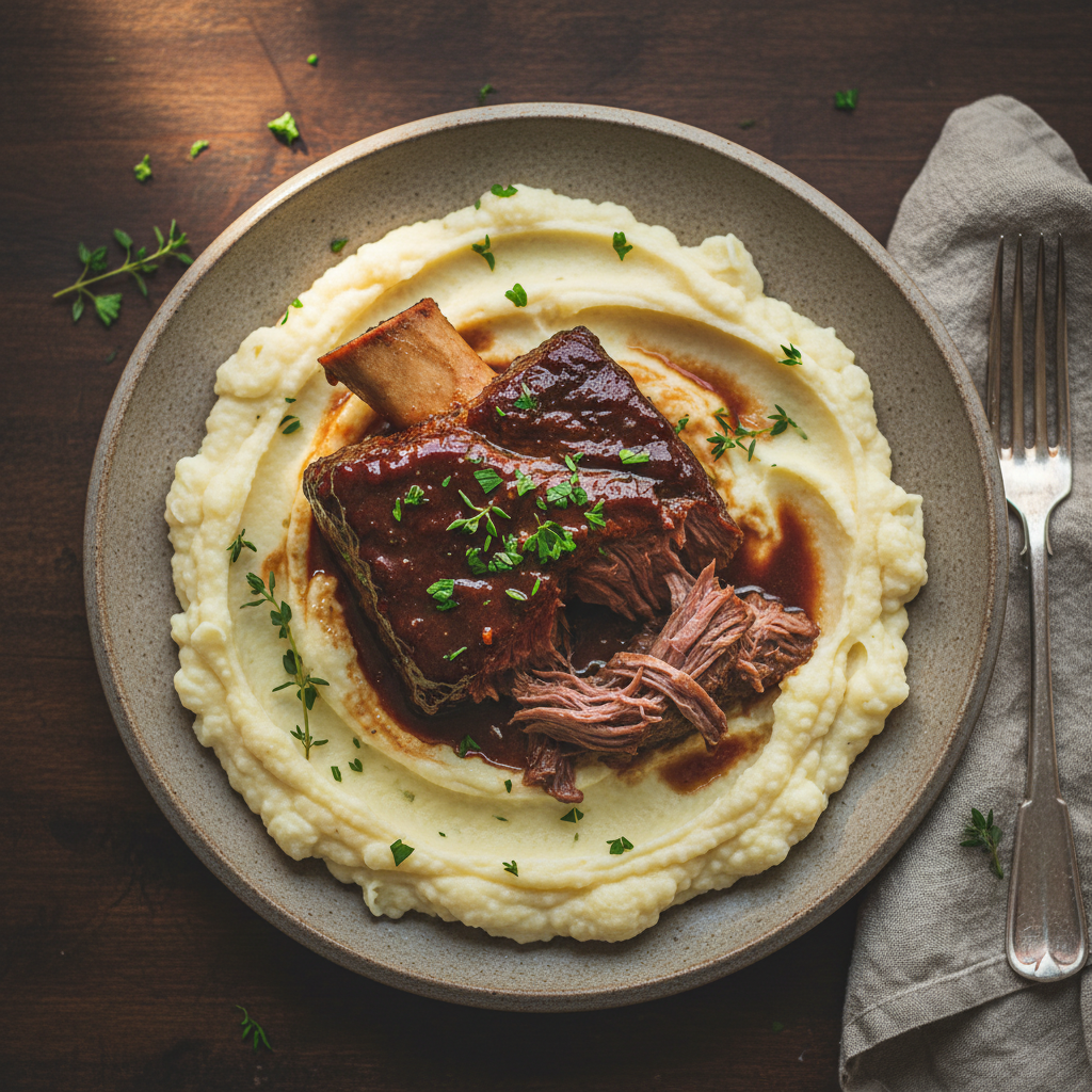 Warm overhead photograph of braised short rib over cauliflower mash with fresh herb garnish