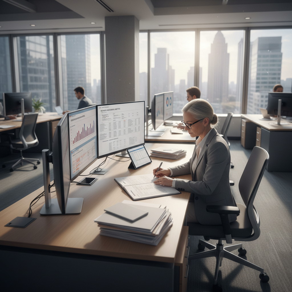 Senior technology executive reviewing supplier contracts and performance data in a UK office