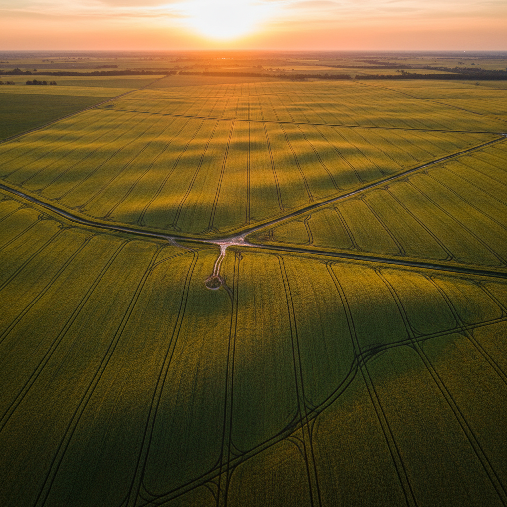 Vast agricultural fields in Madhya Pradesh with crop rows stretching to the horizon