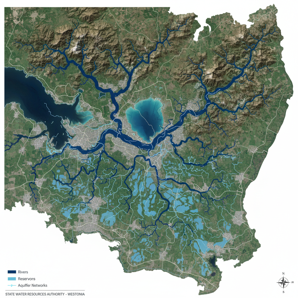 Satellite view of state watershed system showing rivers, reservoirs, and aquifer networks