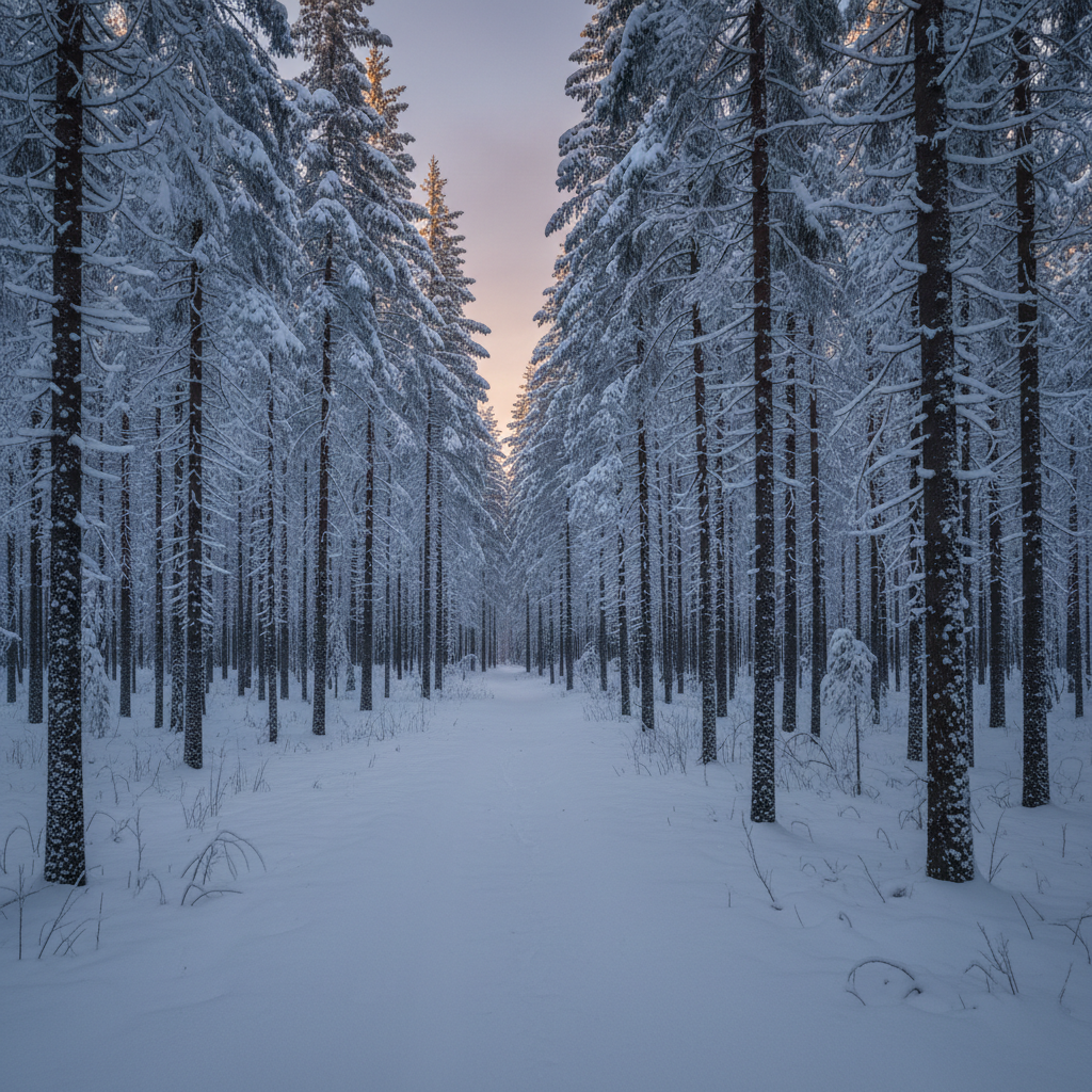 Siberian landscape with snow and forest at dusk