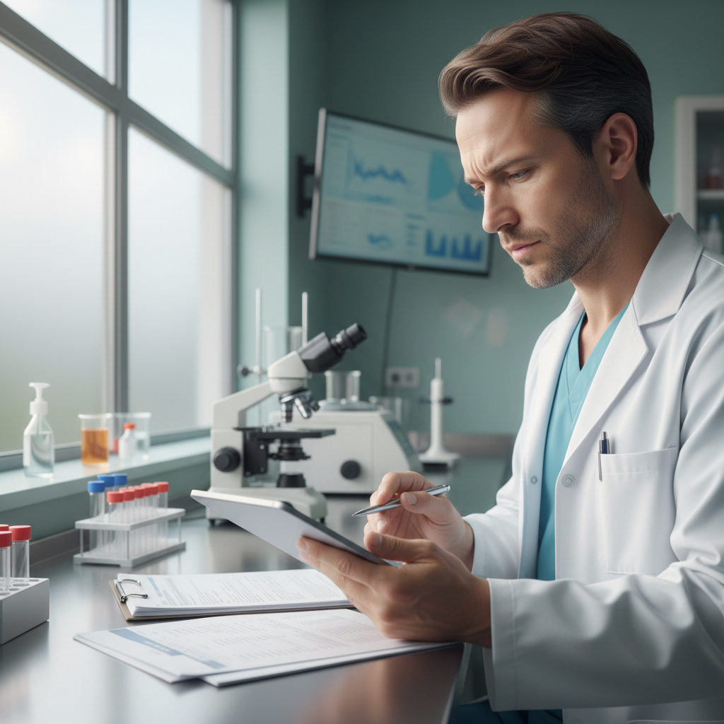 Healthcare professional reviewing test results in a calm clinical setting