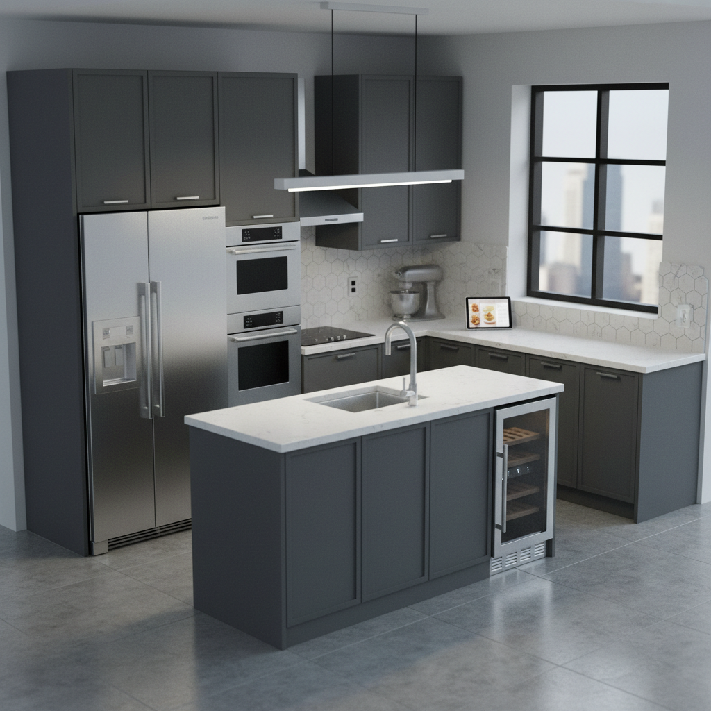 Modern kitchen design icon showing contemporary kitchen layout and appliances