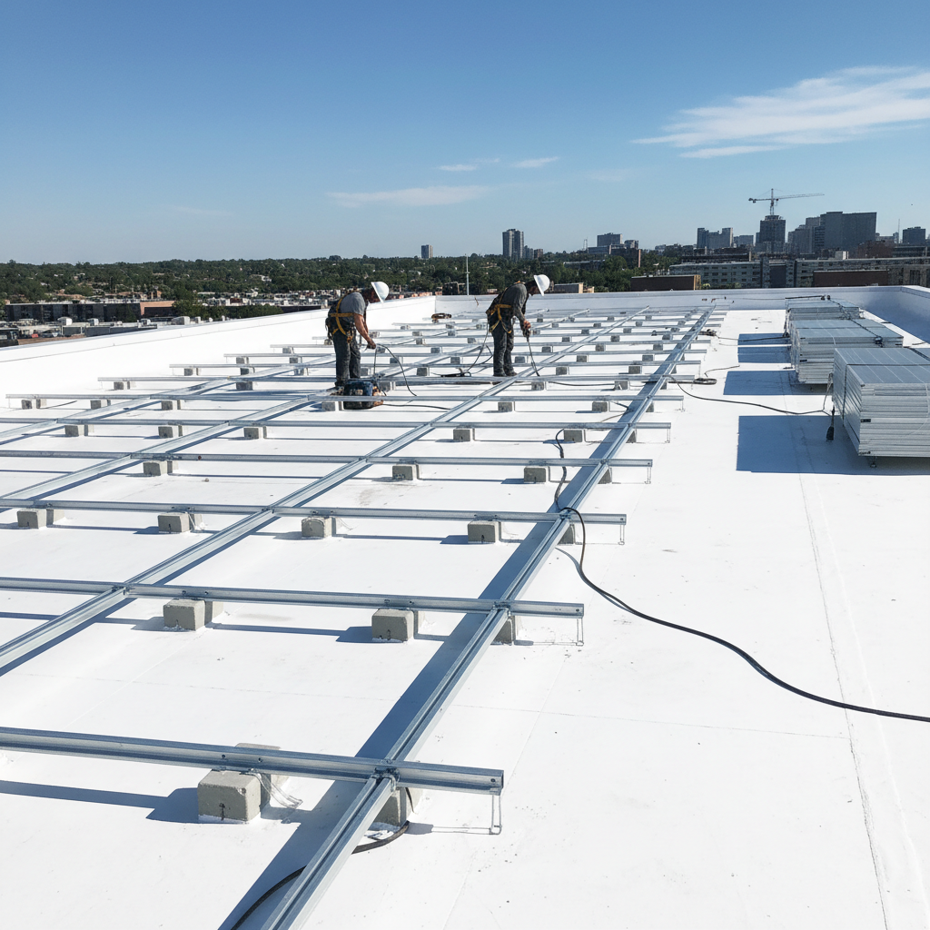 Tecnico specializzato che lavora all'installazione di impianto fotovoltaico su tetto