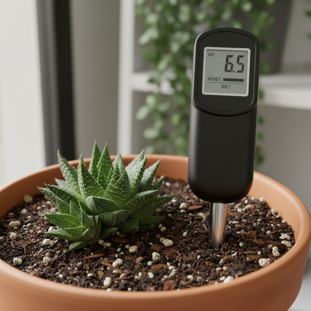 Digital pH and moisture meter probe inserted into a pot of haworthia soil