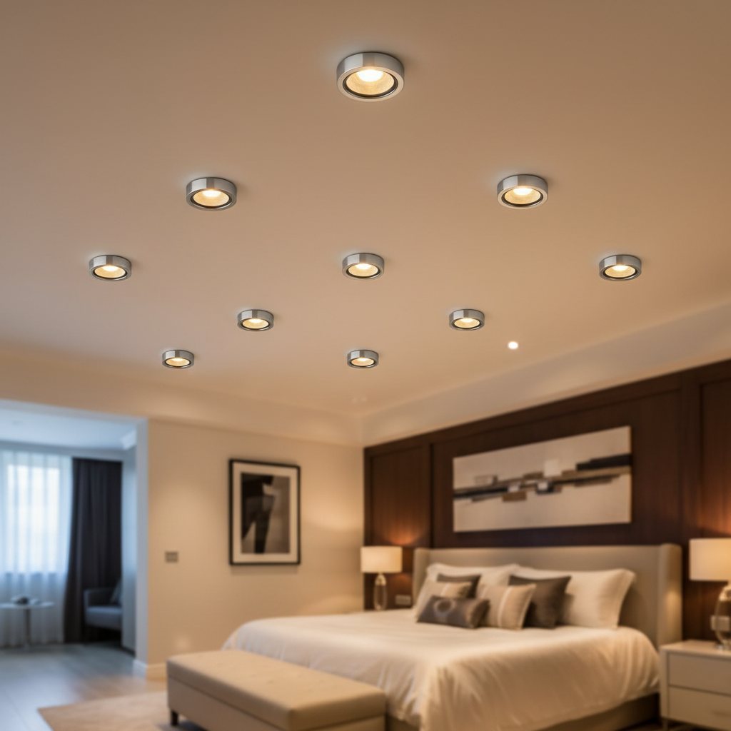 Dimly lit luxury private villa bedroom interior, warm amber lighting, deep shadows, dark wood walls, calm private atmosphere