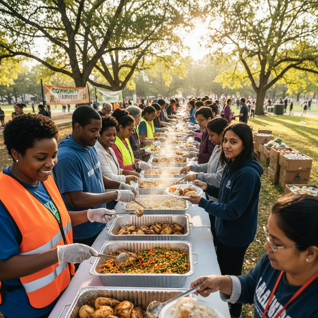 Volunteers serving food to community members in Owerri, warm outdoor setting, rows of people waiting, bright afternoon sun