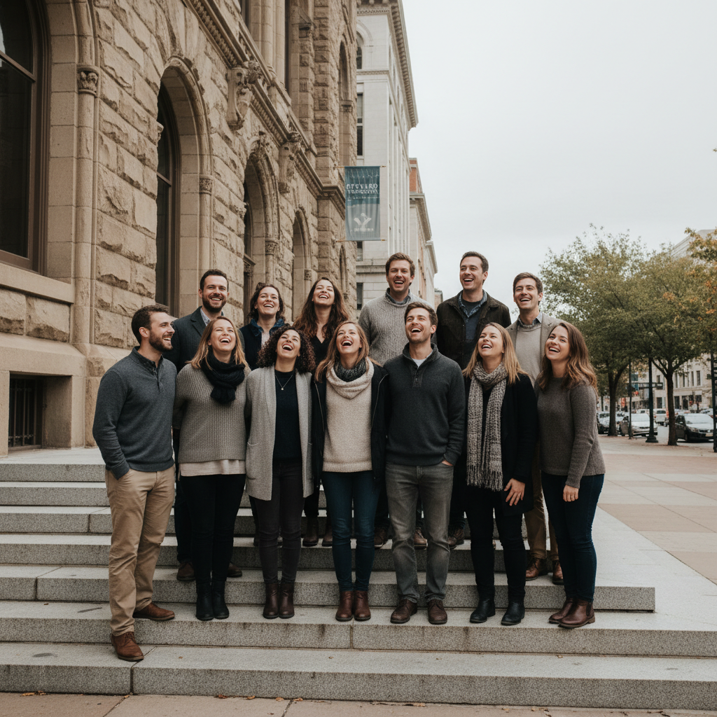 Fifteen Steward Foundation staff and board members standing on the steps of a historic downtown building, mid-laugh, dressed in casual layers on a Saturday morning with natural overcast light