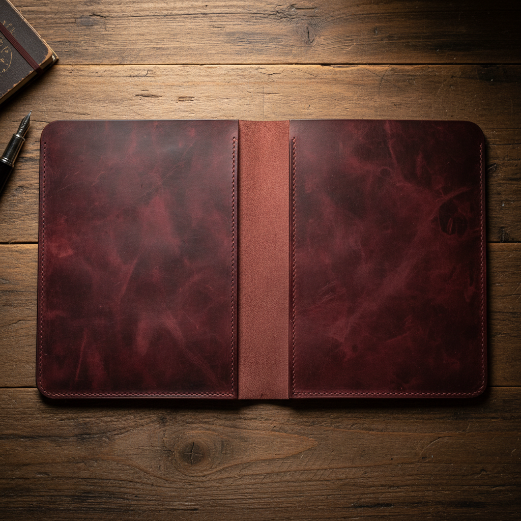Burgundy hand-dyed leather folio cover open on desk showing aniline dye variation and aged appearance