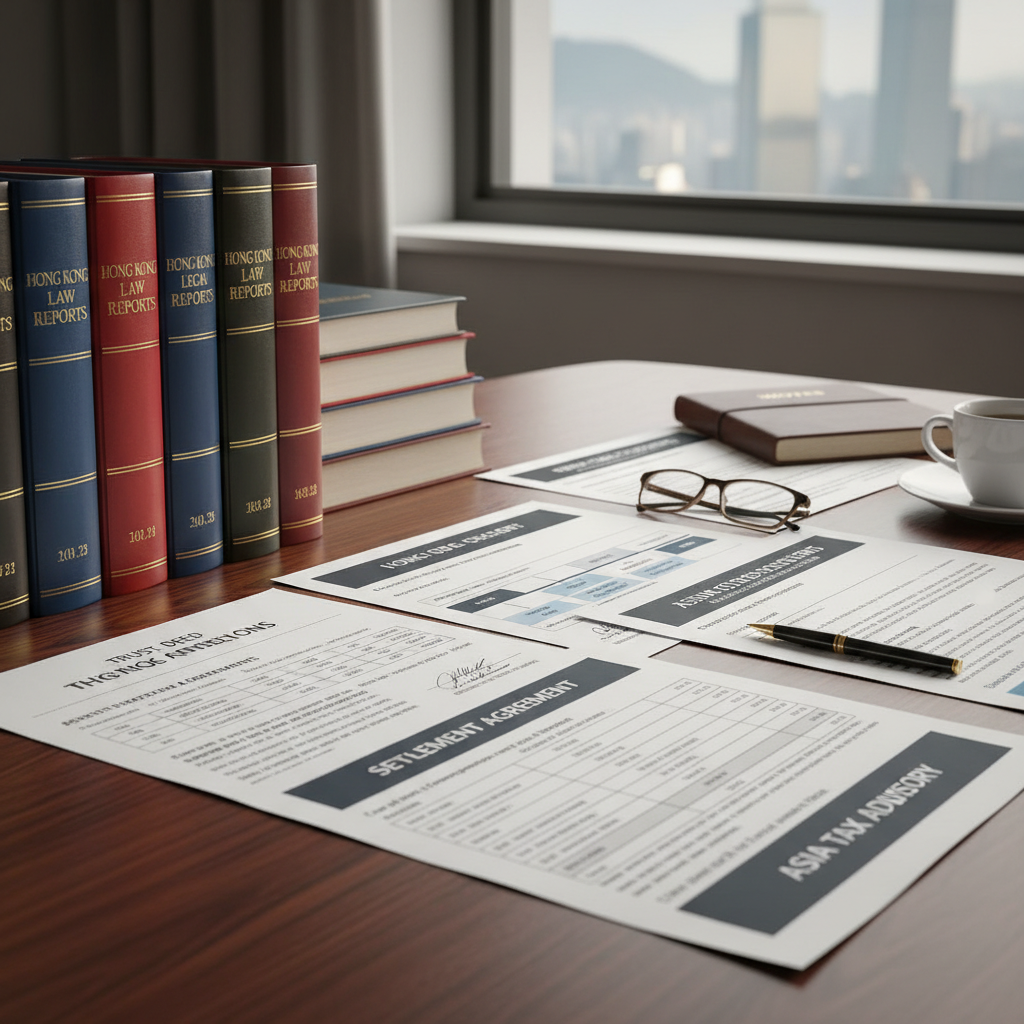 Legal and tax advisory documents with Hong Kong law books and trust deed paperwork