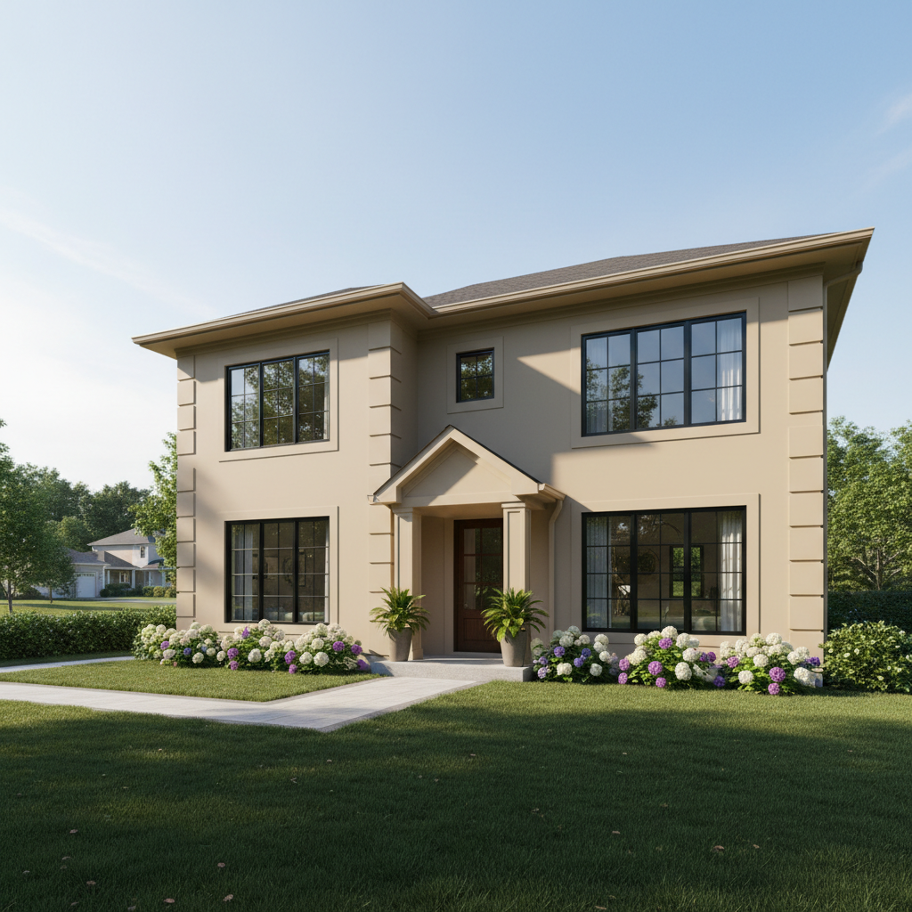 Two-story residential home with beige stucco exterior being professionally cleaned, showing dramatic difference between cleaned and uncleaned sections