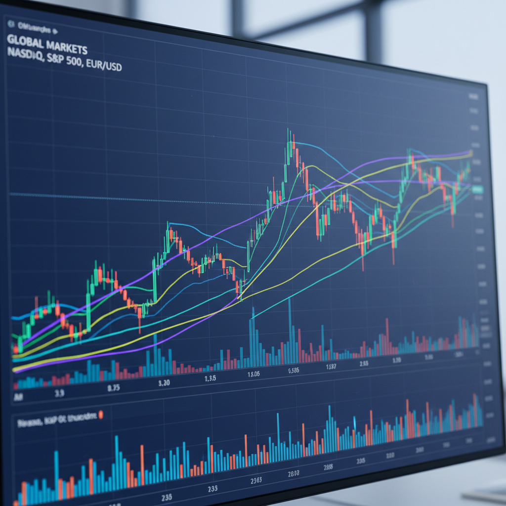 Dijital ekranda renkli borsa ve forex grafikleri