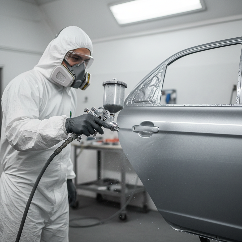 Auto painter in protective gear applying a fresh coat of silver metallic paint to a car door panel