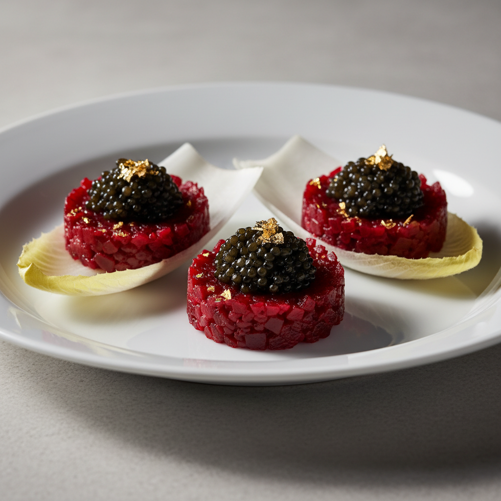 Elegant amuse-bouche plating with caviar on mother of pearl spoon, microgreens, and gold-rimmed fine china on white linen tablecloth