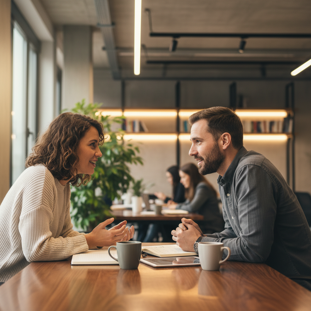 Two people in a warm conversation, collaborative and supportive atmosphere, soft natural light