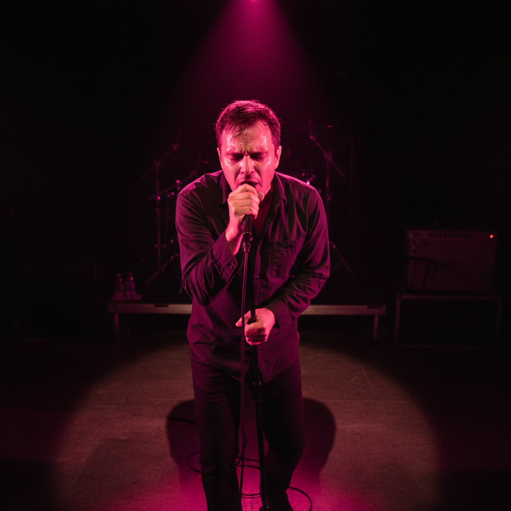 Expressive male samba singer performing with passion under warm amber spotlight