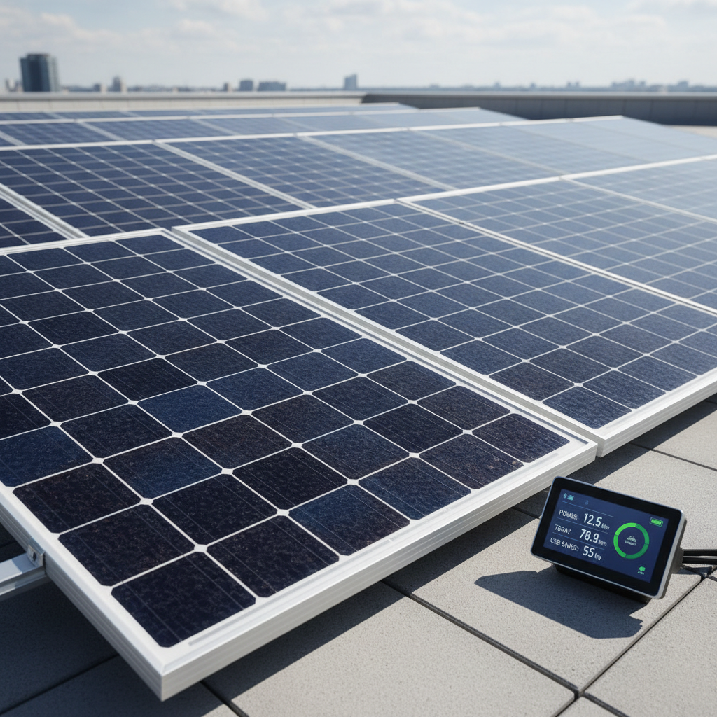 Solar power distribution panel with inverters and monitoring equipment on rooftop
