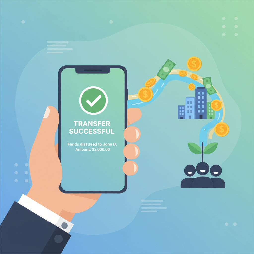 Person receiving cash or checking bank account balance on phone, celebratory and positive atmosphere, bright natural light