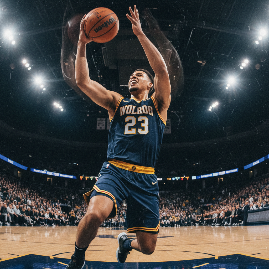 Basketball player mid-game action shot, crowd blurred in background, high grain sports photography