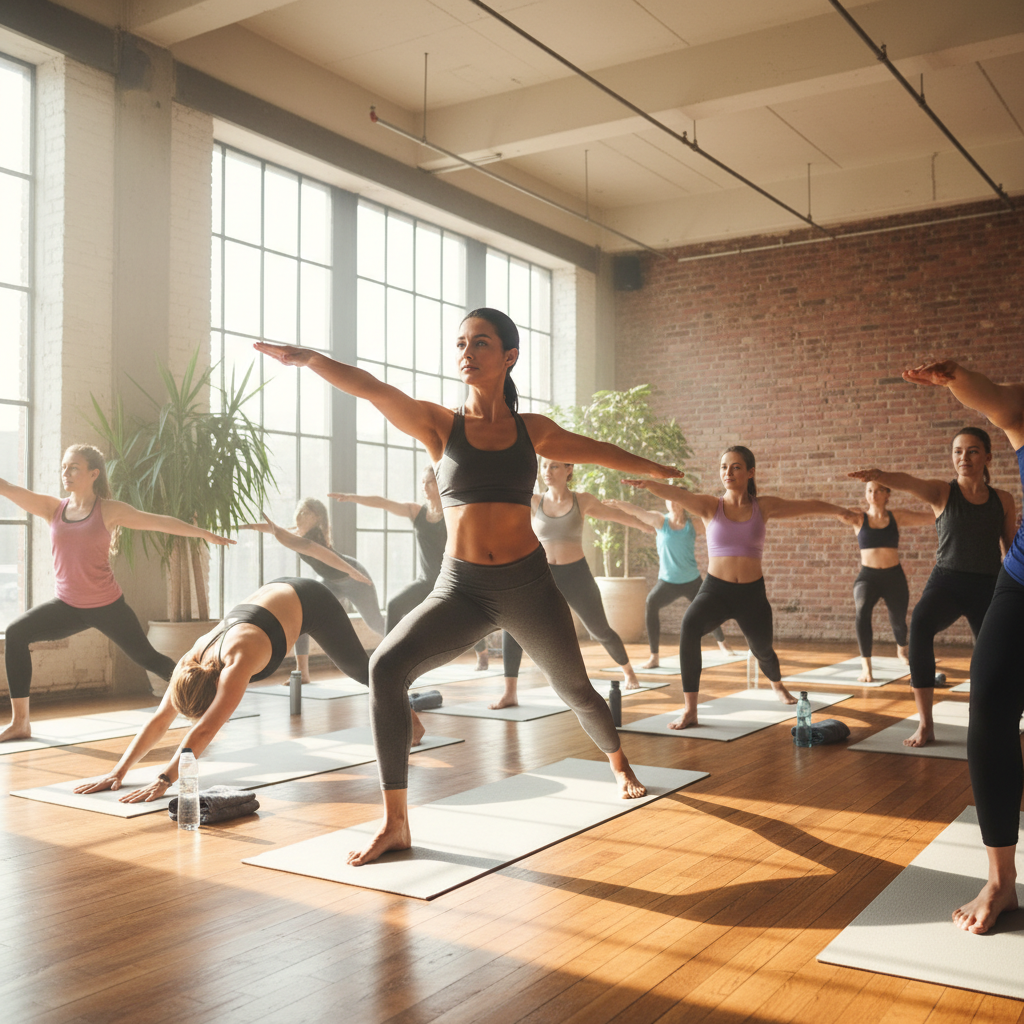 Diverse group of adults in colorful workout attire doing yoga poses on mats in bright studio with natural lighting