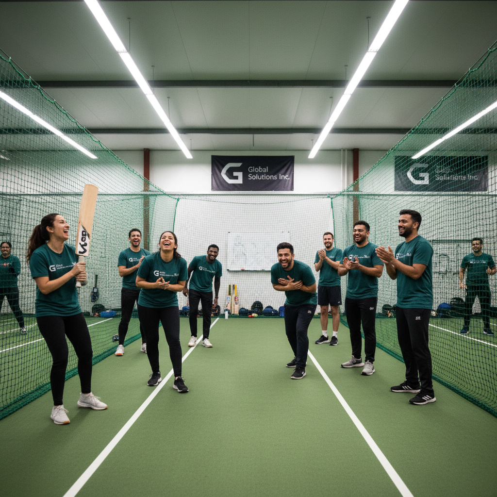 Corporate team laughing and enjoying a cricket team building session in indoor nets