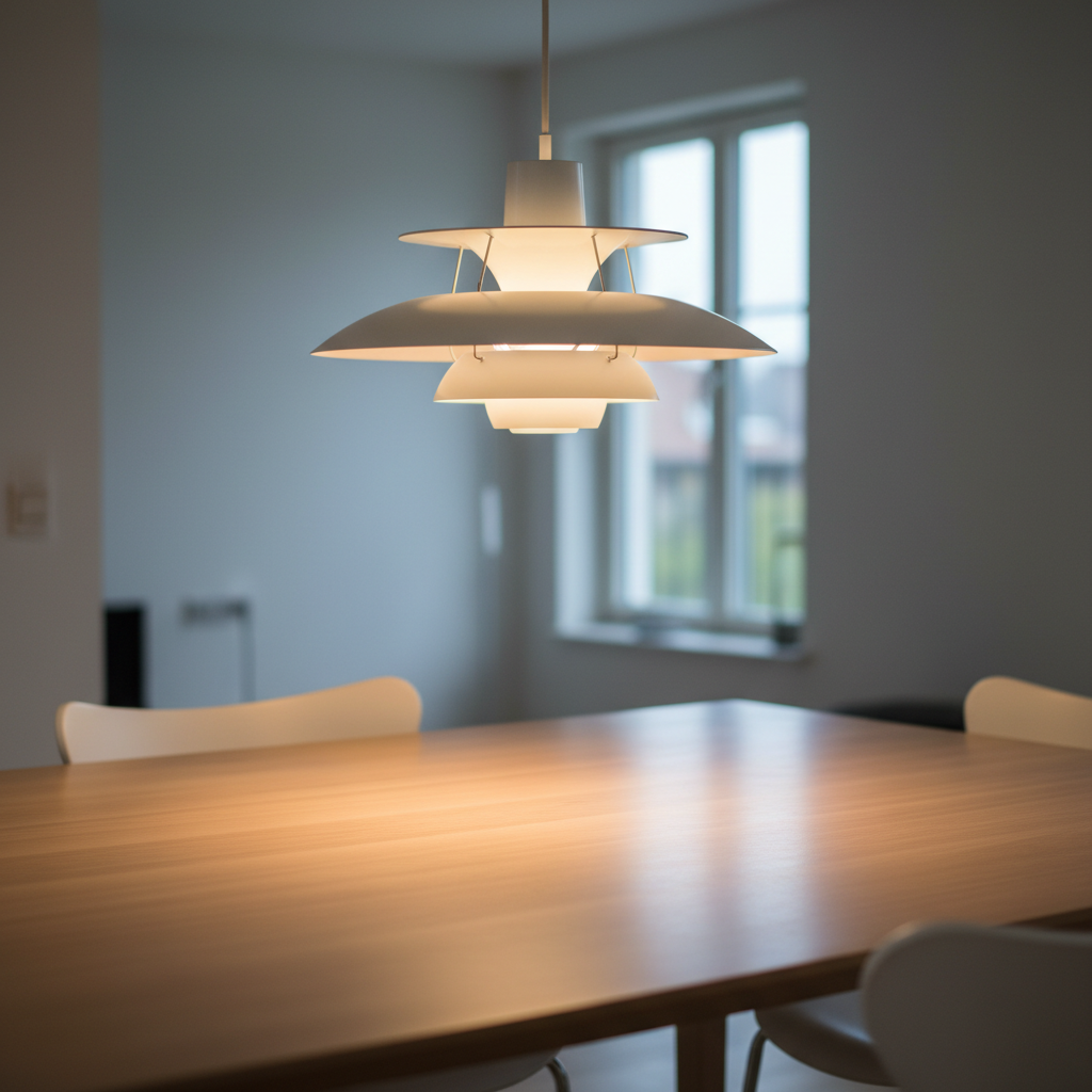 Louis Poulsen PH5 pendant lamp hanging over dining table in Scandinavian kitchen with warm glow