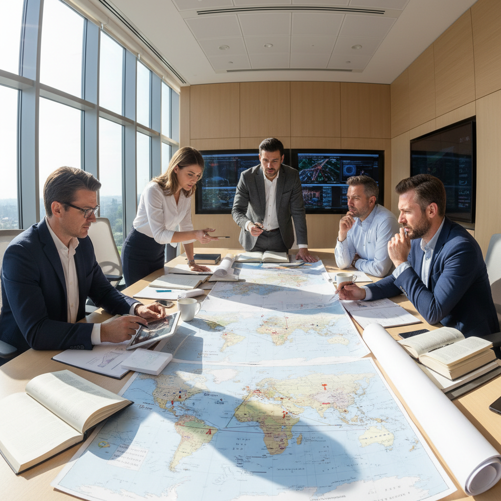 Curso de geopolítica con expertos analizando mapas del mundo y conflictos internacionales