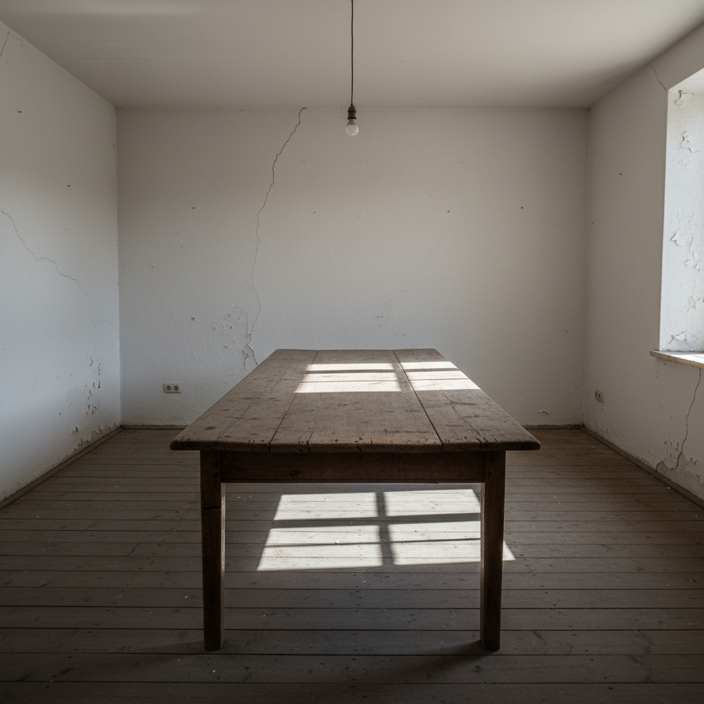 Empty farmhouse dining table with bare walls and harsh lighting