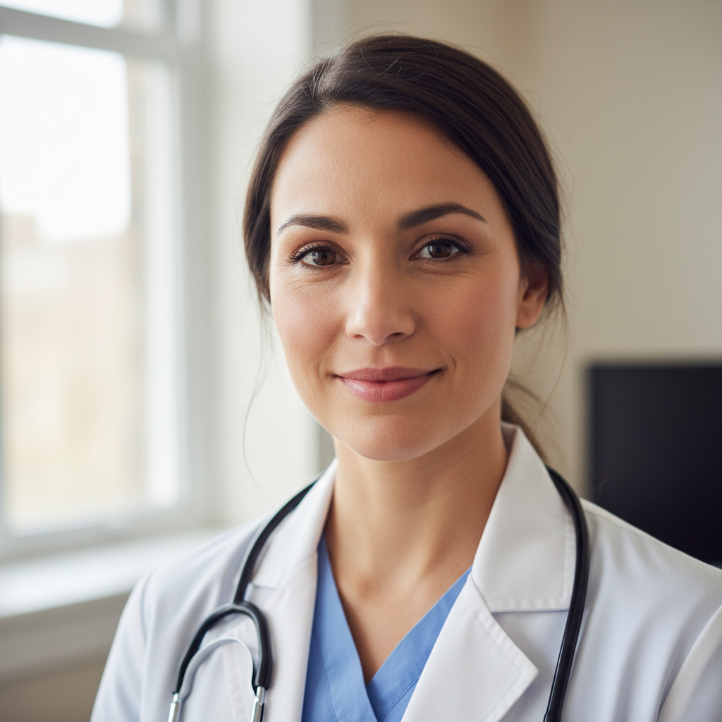 Doctor in lab coat, thoughtful concerned expression, soft clinical lighting, warm neutral background
