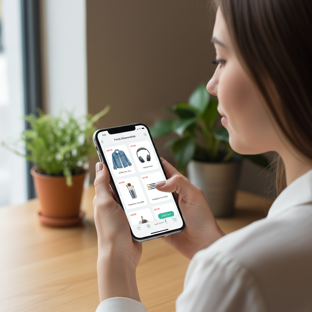 Smartphone showing shopping app on dark desk with dramatic side lighting and deep shadows