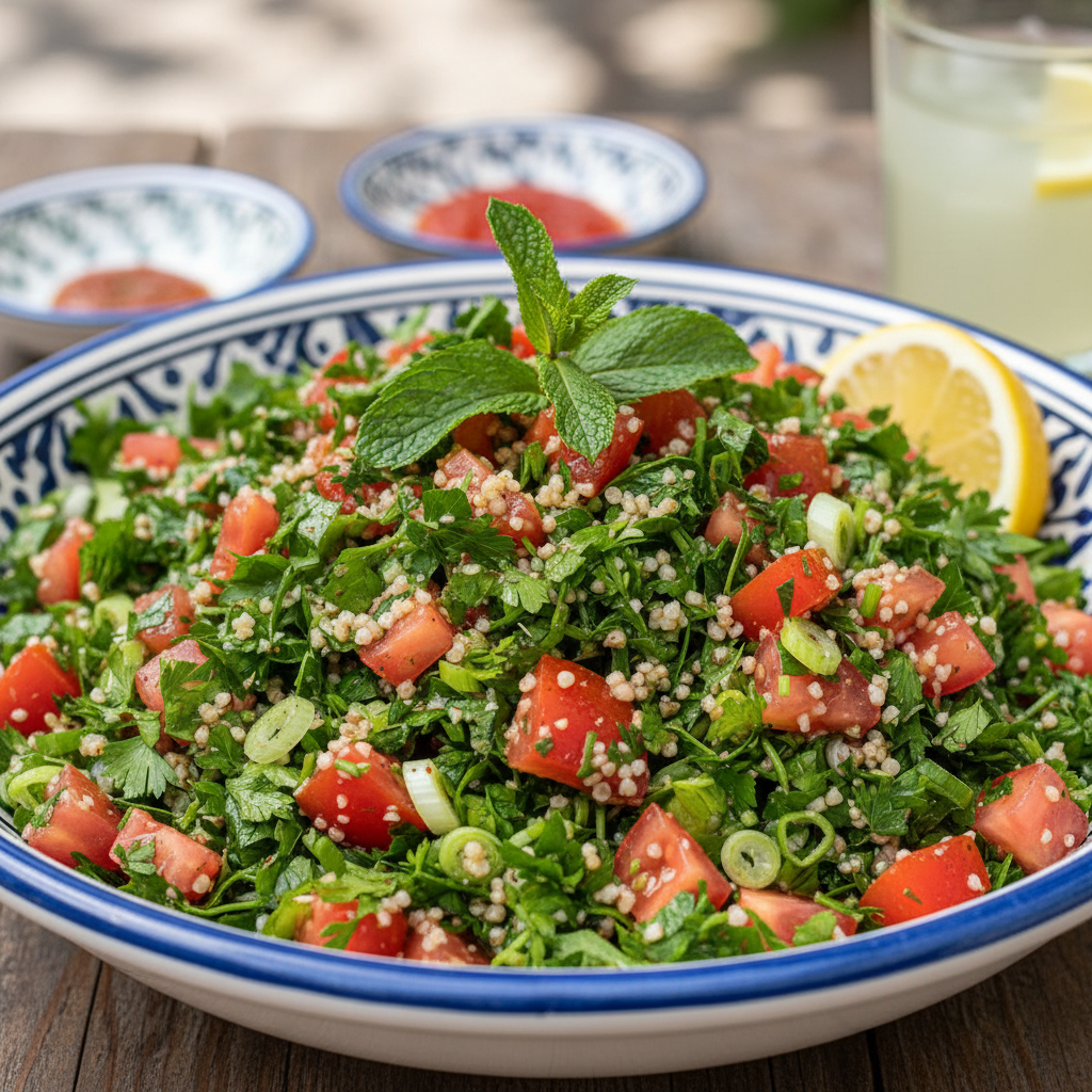 Frischer Tabbouleh-Salat mit Petersilie, Tomaten und Bulgur in einer Schüssel