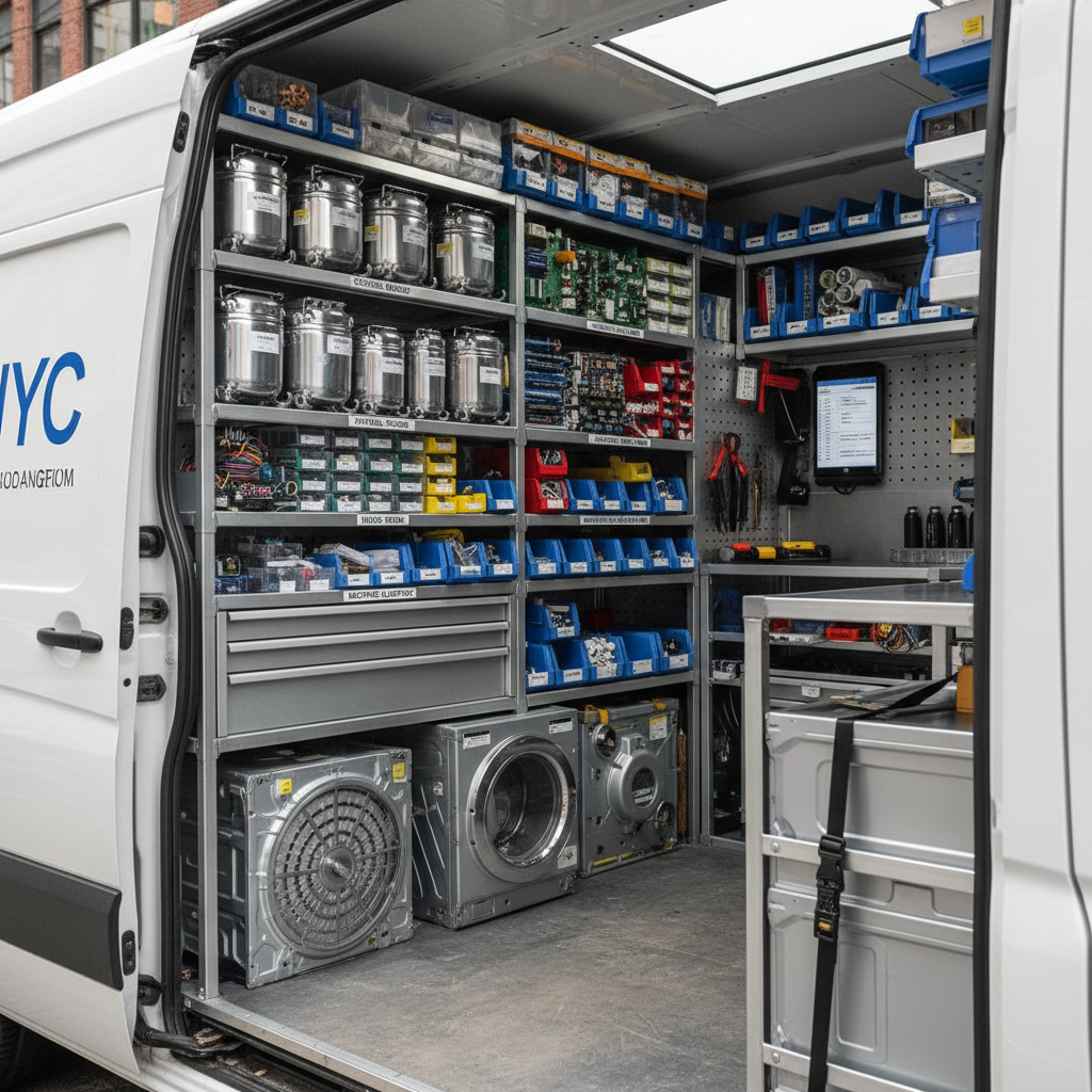 Organized FixNYC van parts inventory — shelves of appliance parts, compressors, control boards, and heating elements