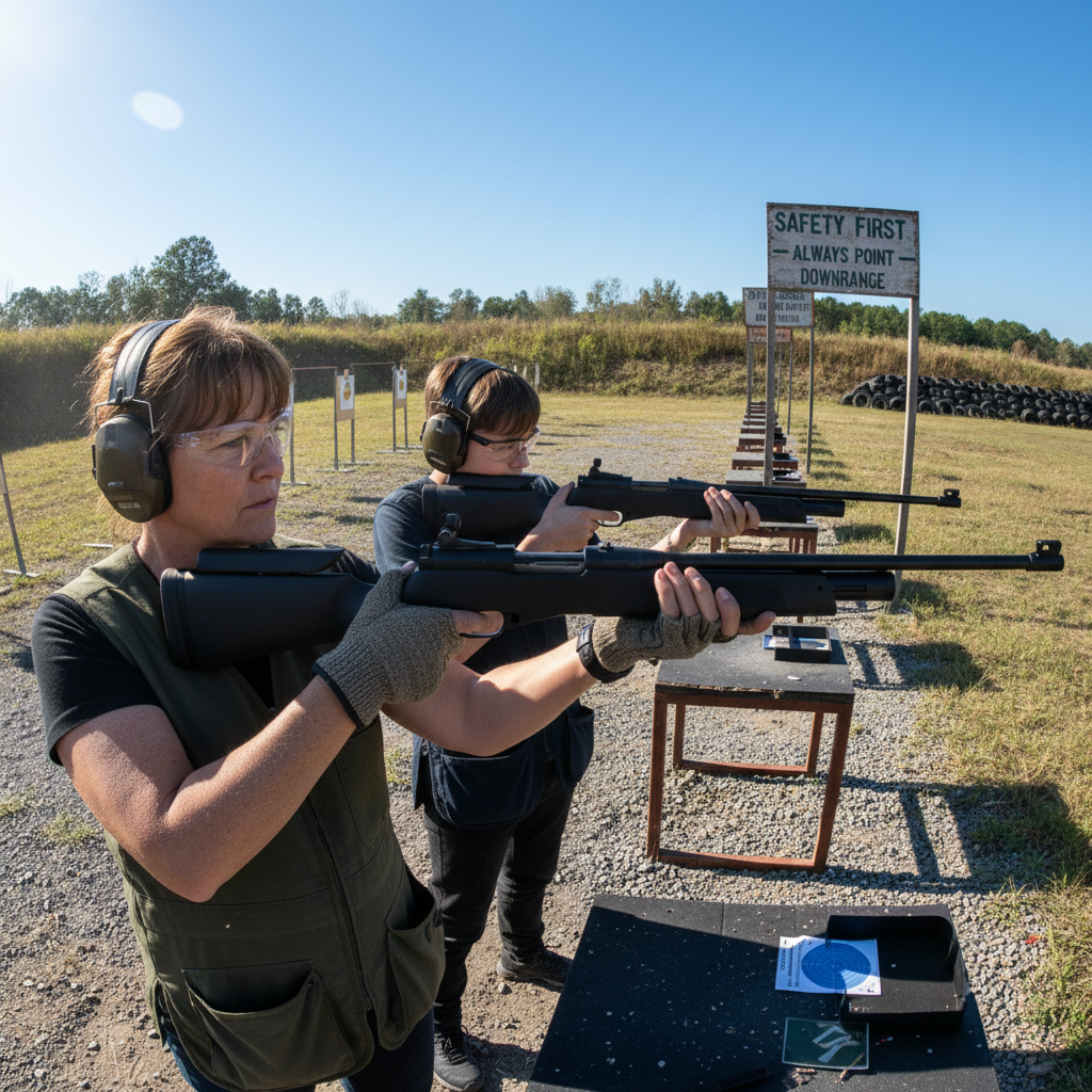 Instructor demonstrating proper airgun handling technique to student at outdoor shooting range