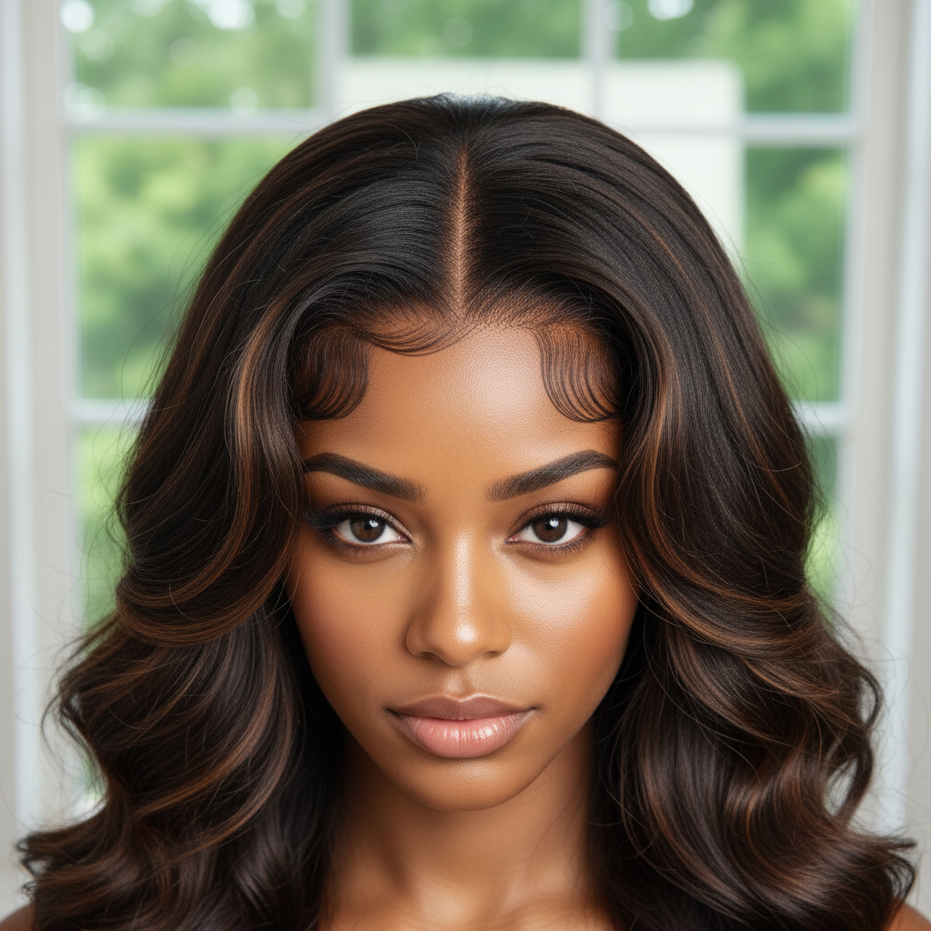 Voluminous sew-in weave with natural wave pattern, bright salon environment, professional finish