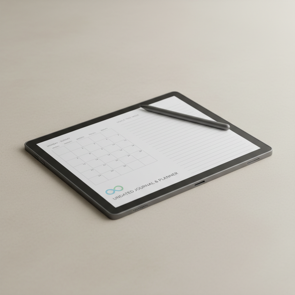 Digital calendar open on a tablet with schedule entries in a well-lit workspace