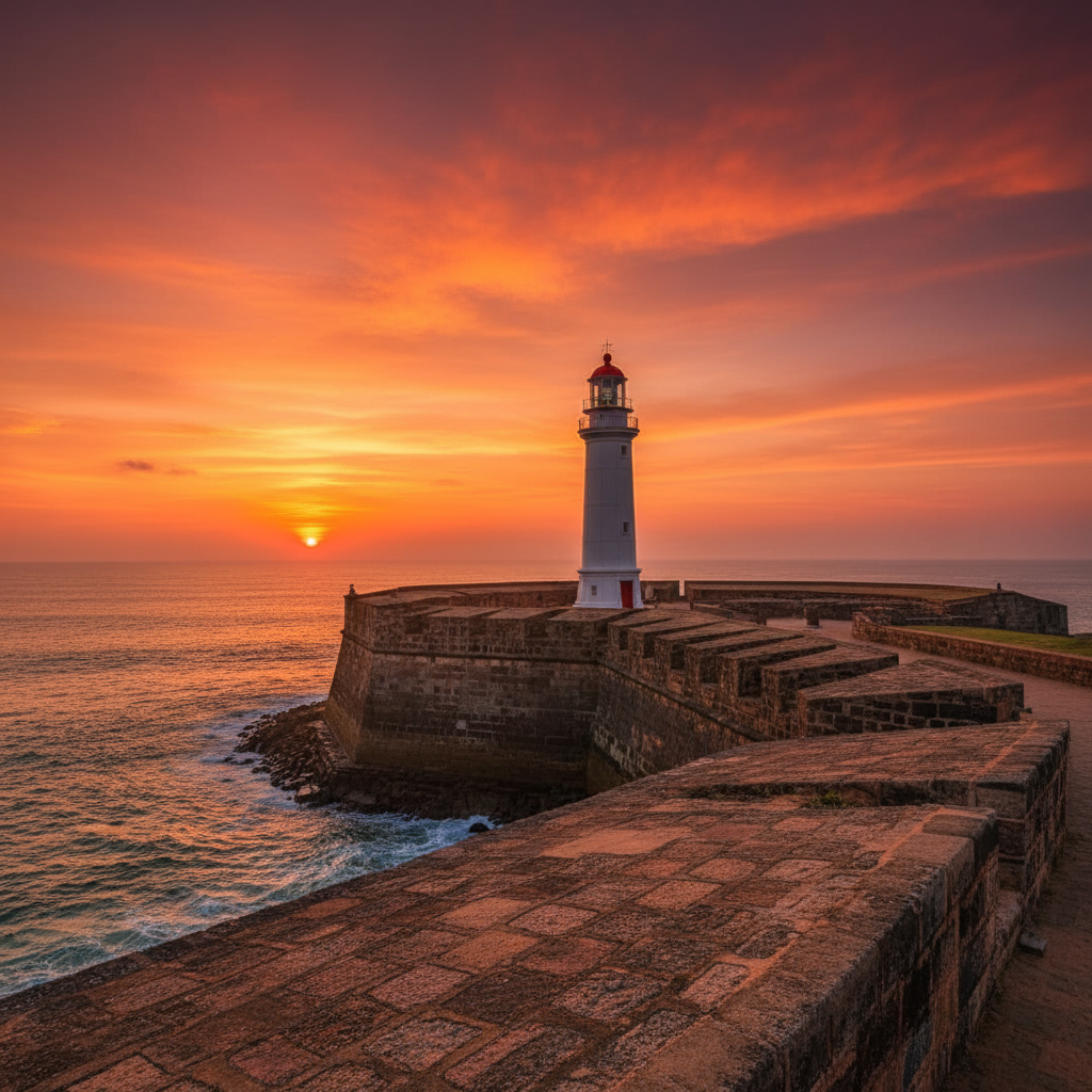Galle Fort colonial walls at sunset Sri Lanka, white lighthouse against orange sky, Indian Ocean in background