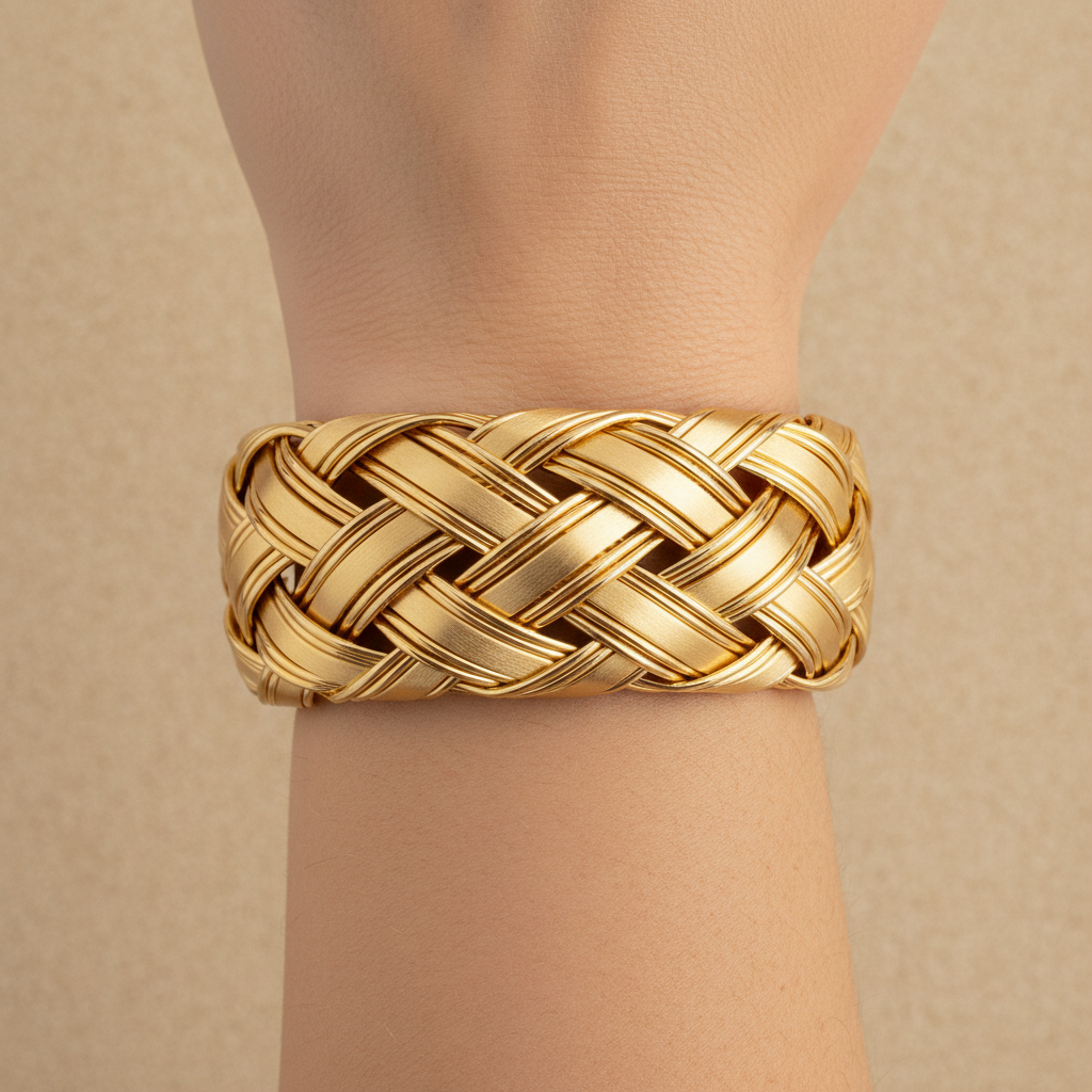 Wide gold bangle bracelet with hammered texture warm sunset light lifestyle photography on wrist