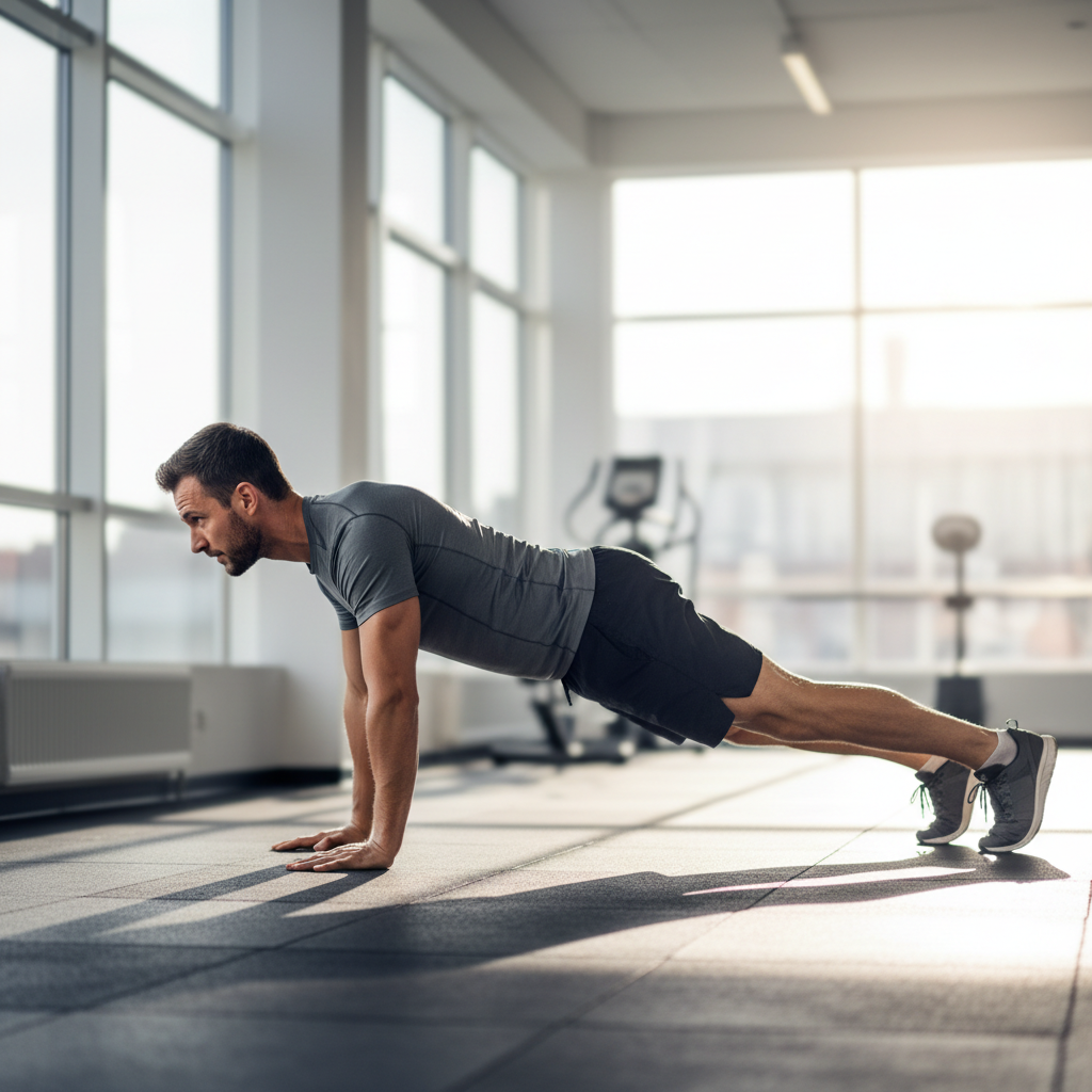 Fitness trainer demonstrating plank position with perfect form on gym floor