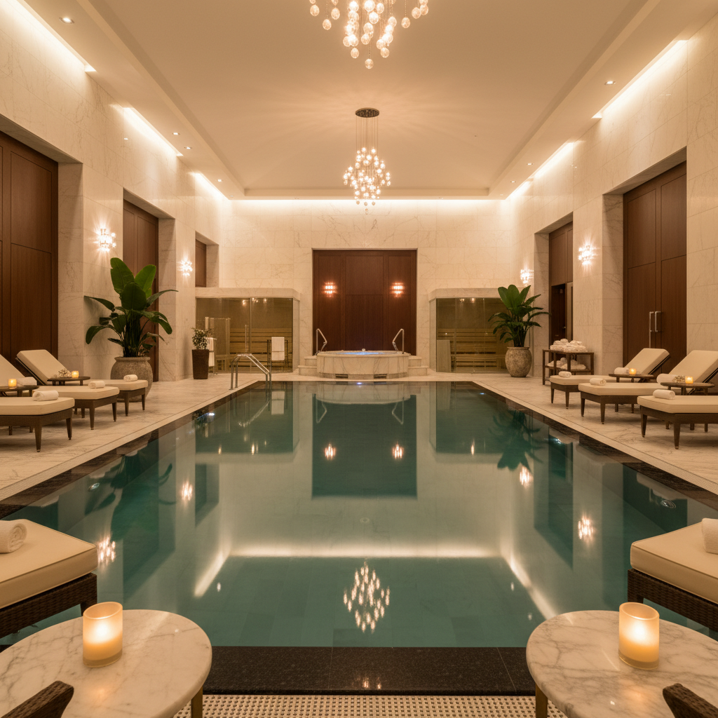 Elegant luxury spa interior with warm marble surfaces and plush furnishings