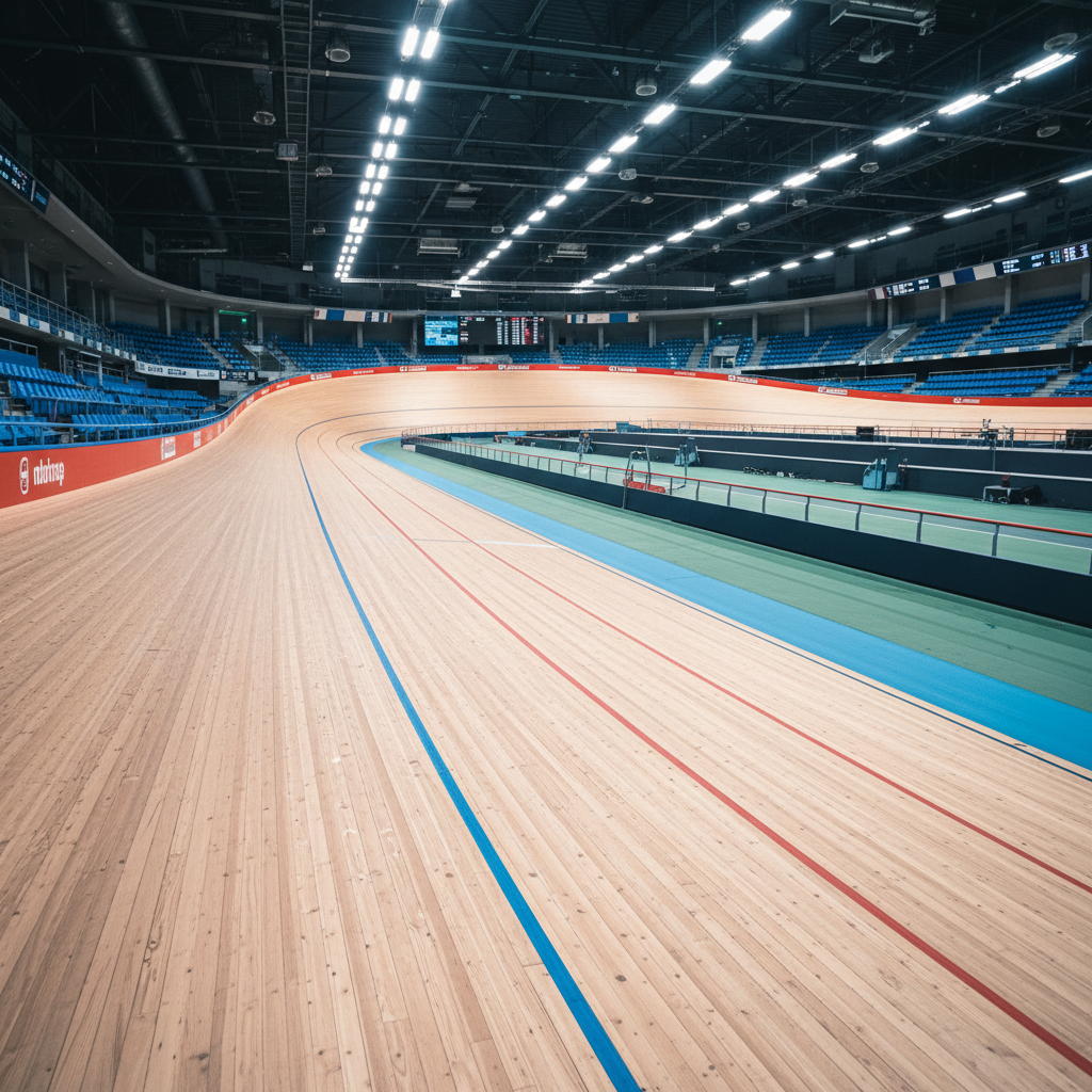 Indoor velodrome showing steeply banked wooden cycling track curves