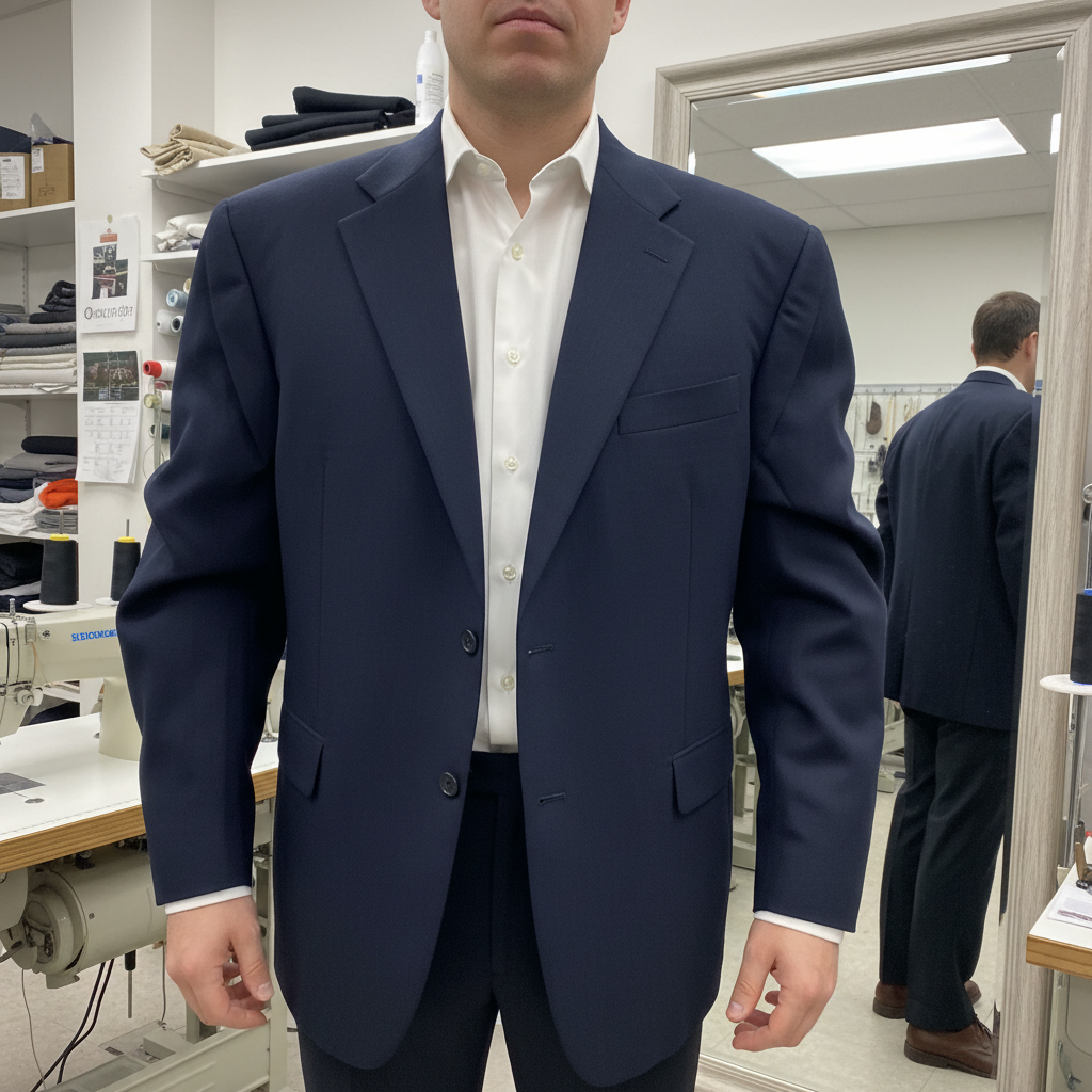 Navy blazer with pooling shoulders before alteration