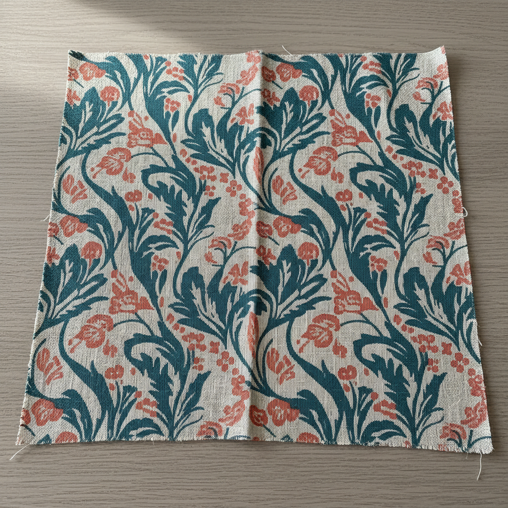 Teal and coral botanical repeat pattern on linen fabric swatch