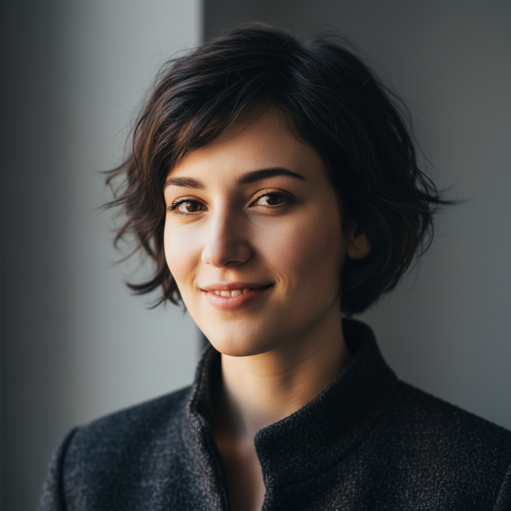 Actor headshot — young woman with confident gaze, dark background studio lighting