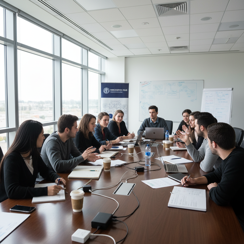 Group of young professionals collaborating in a bright modern workspace, engaged discussion around a table